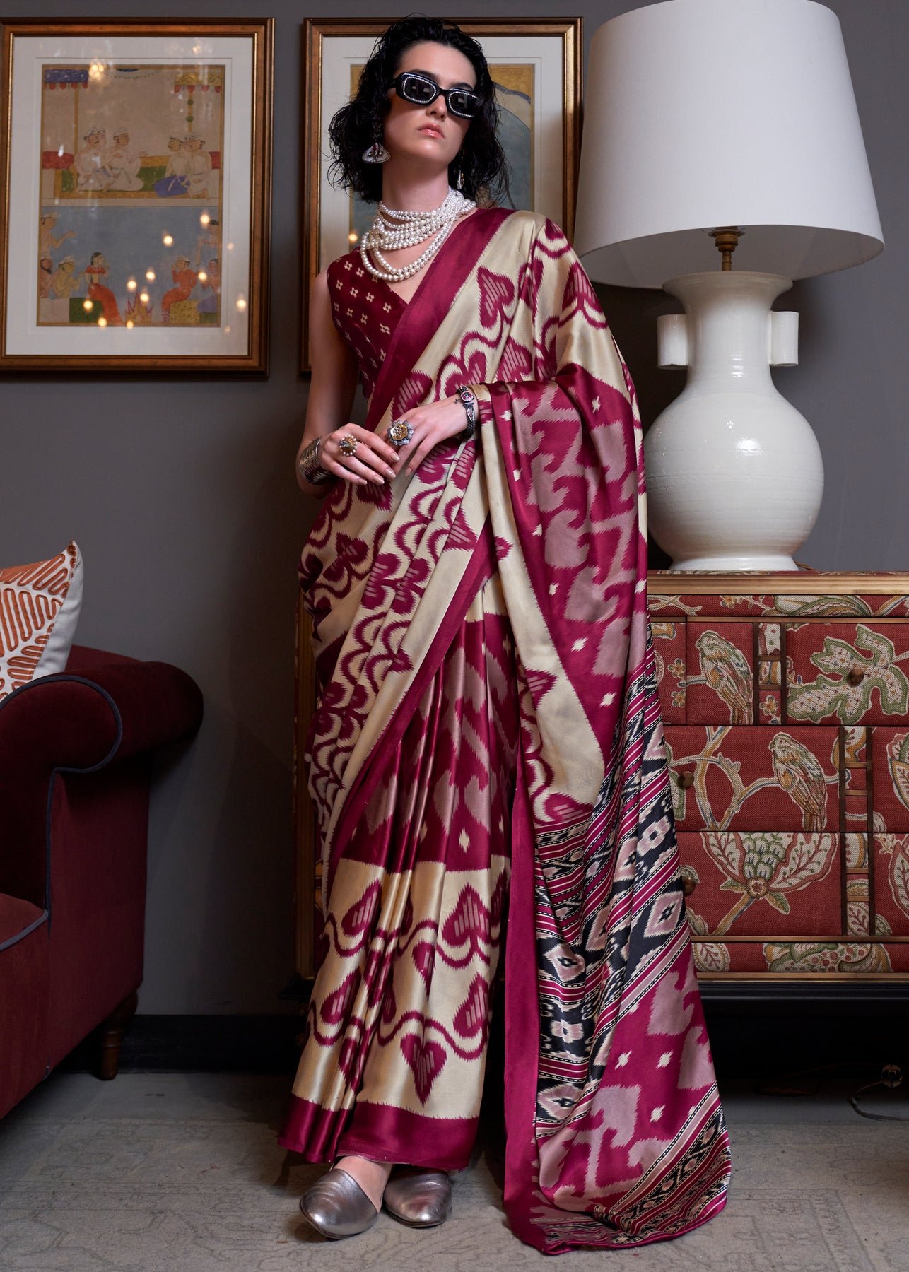 Beet Red Patola Printed Satin Crepe Silk Saree