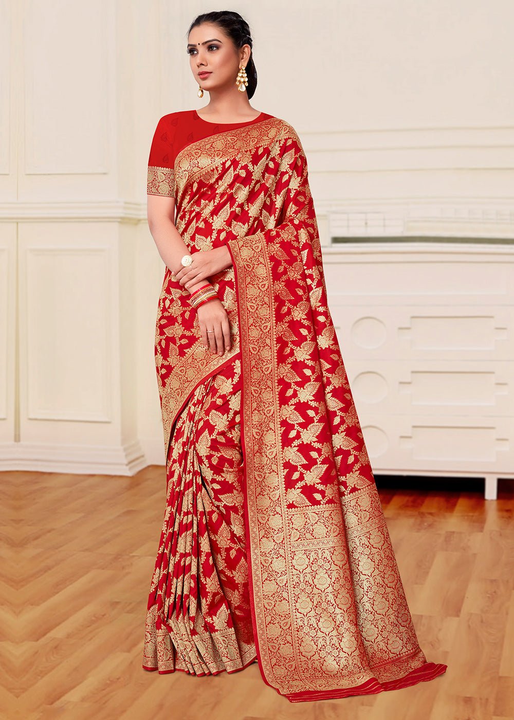 Tango Red Woven Banarasi Brocade Festive Saree