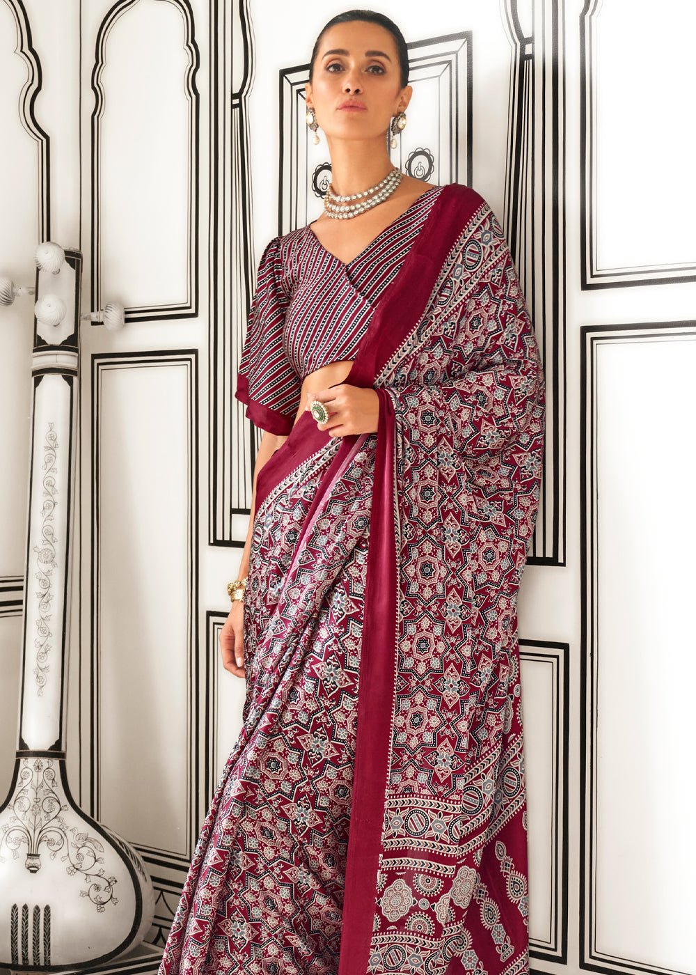 Maroon Red Satin Crepe Printed Saree