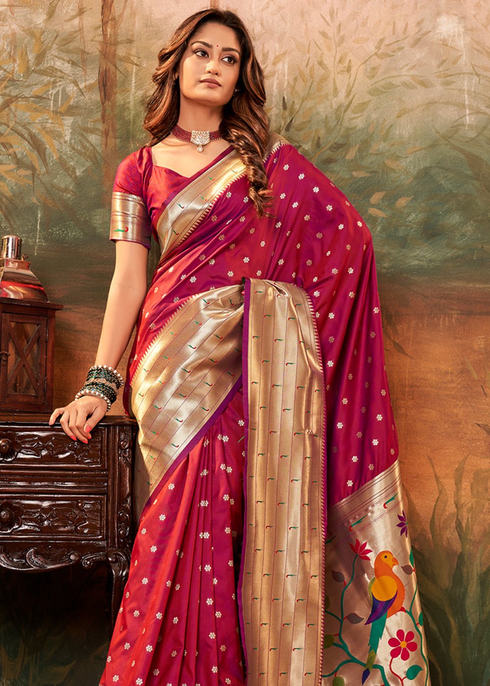 Wine Red Woven Paithani Silk Saree